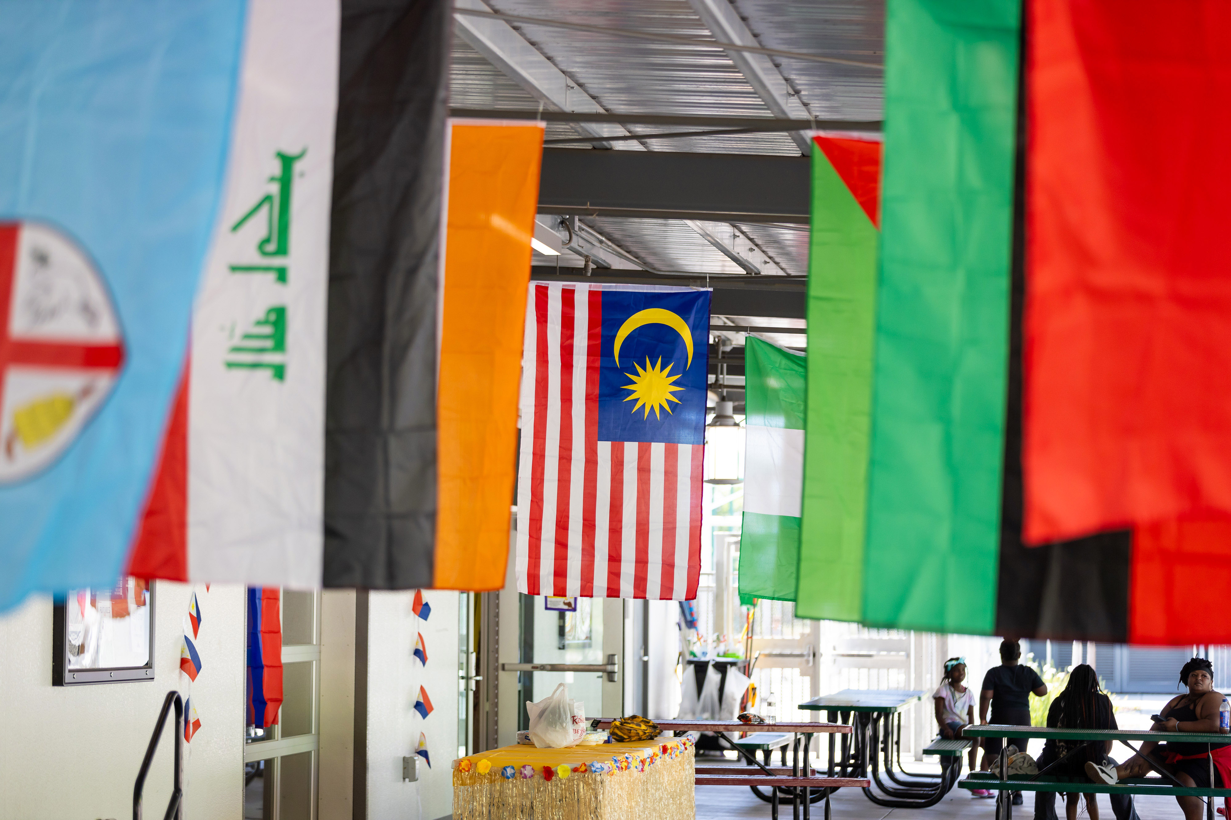 Multiple hanging flags of various countries