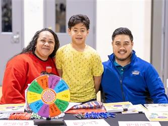 Family at table with prize wheel