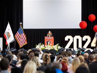 student speaking at podium