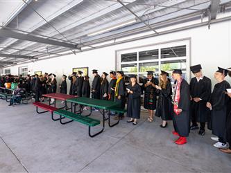 students lined up outside