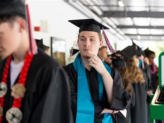 students lined up outside